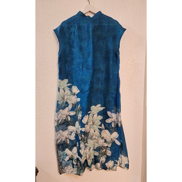 Chinese Style Long Dress with Magnolia Flower Print Blue Size Large High Neck - Picture 9 of 11